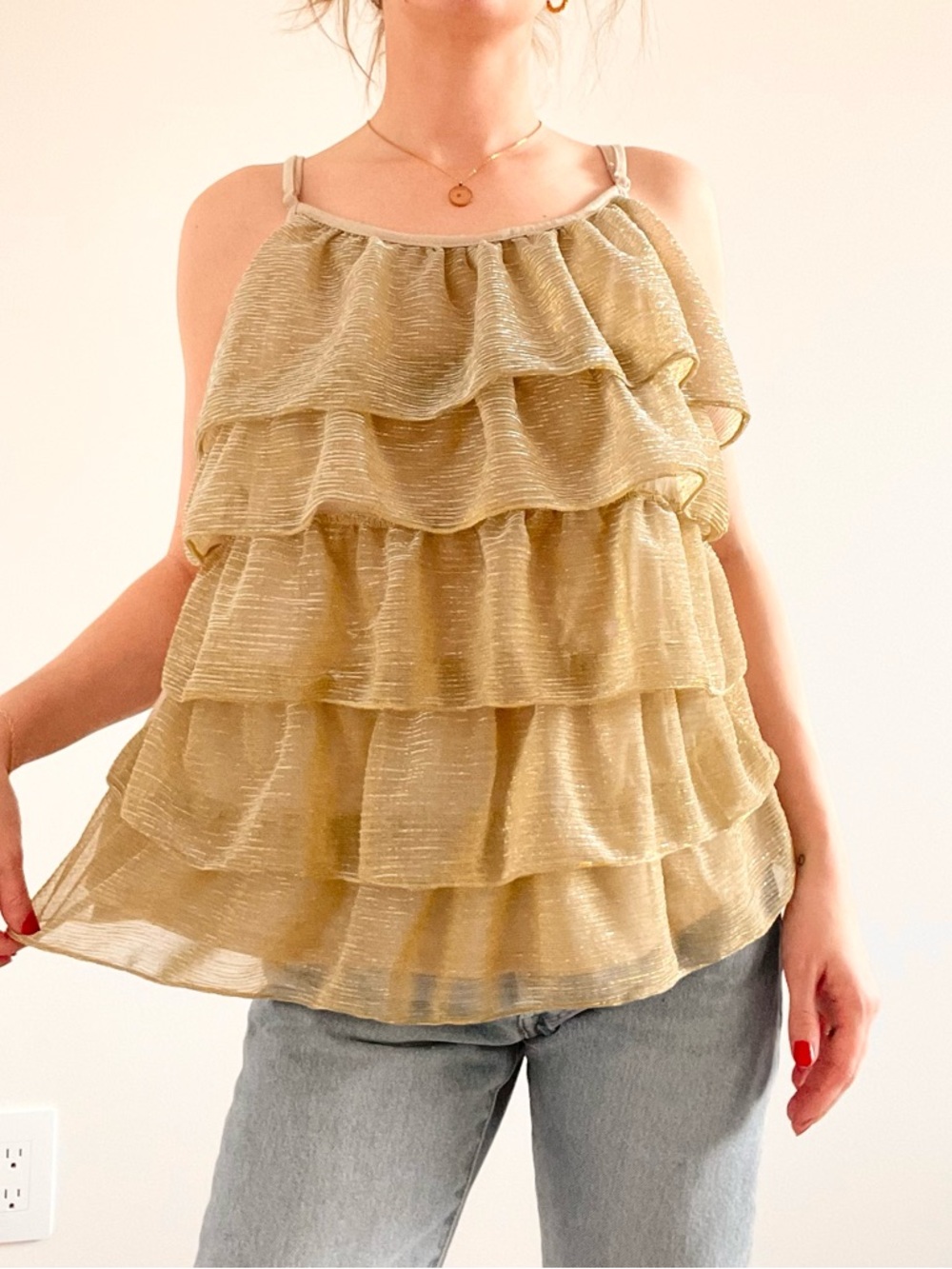 Vintage Metallic Gold Tiered Ruffle Camisole Top